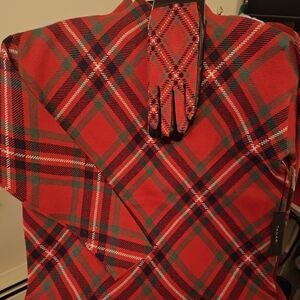Tahari Red and Green Plaid Sweater And Glove Set